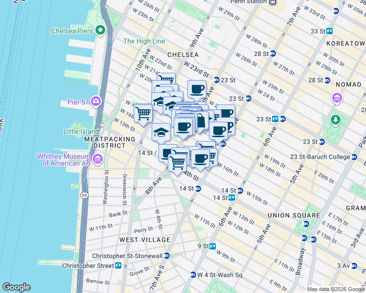 map of restaurants, bars, coffee shops, grocery stores, and more near 146-150 8th Avenue in New York