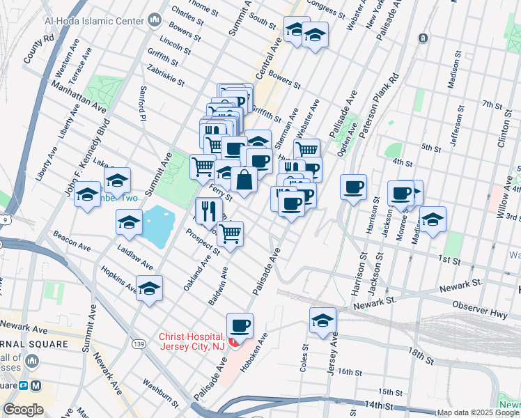 map of restaurants, bars, coffee shops, grocery stores, and more near 19 Sherman Avenue in Jersey City