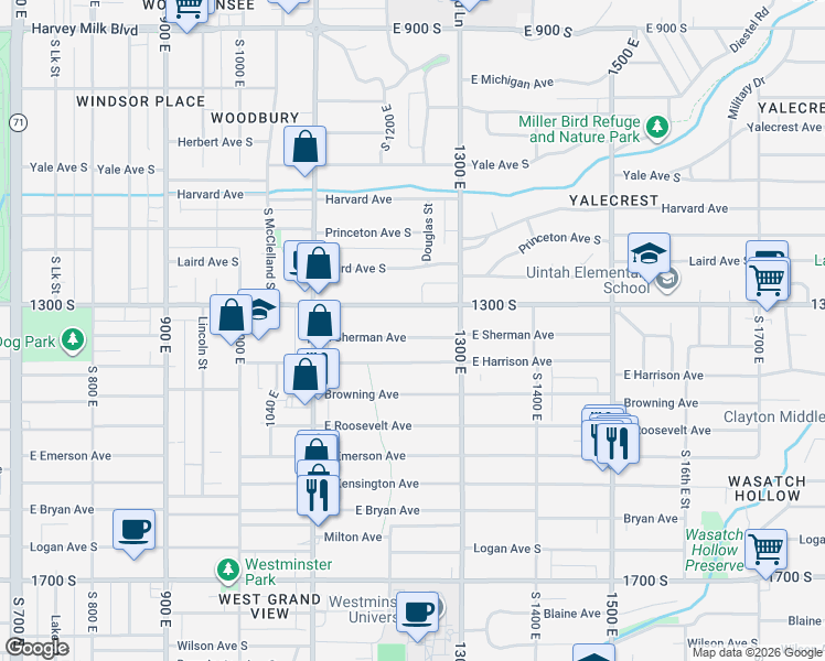 map of restaurants, bars, coffee shops, grocery stores, and more near 1216 East 1300 South in Salt Lake City