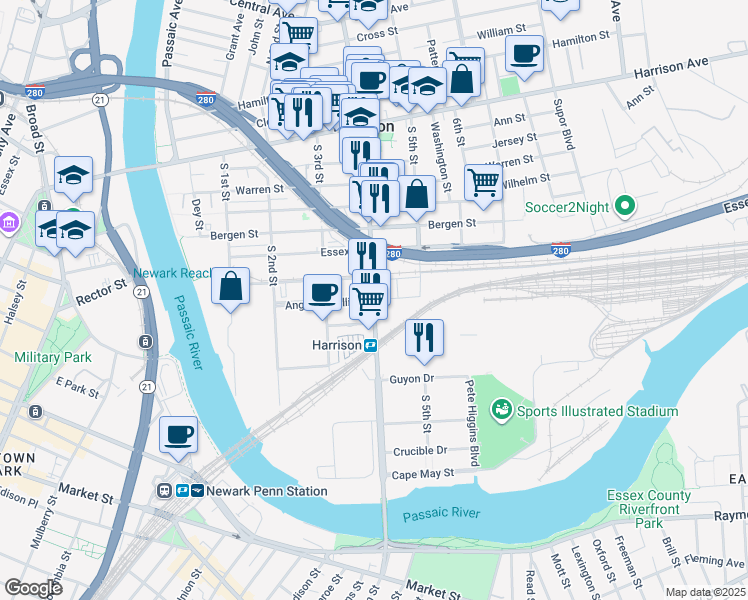 map of restaurants, bars, coffee shops, grocery stores, and more near 600 Frank E Rodgers Boulevard South in Harrison