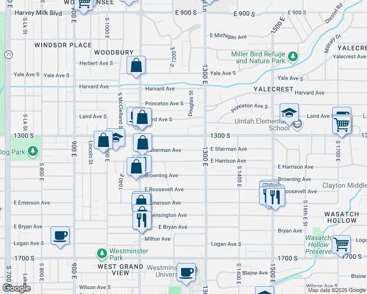 map of restaurants, bars, coffee shops, grocery stores, and more near 1216 East 1300 South in Salt Lake City