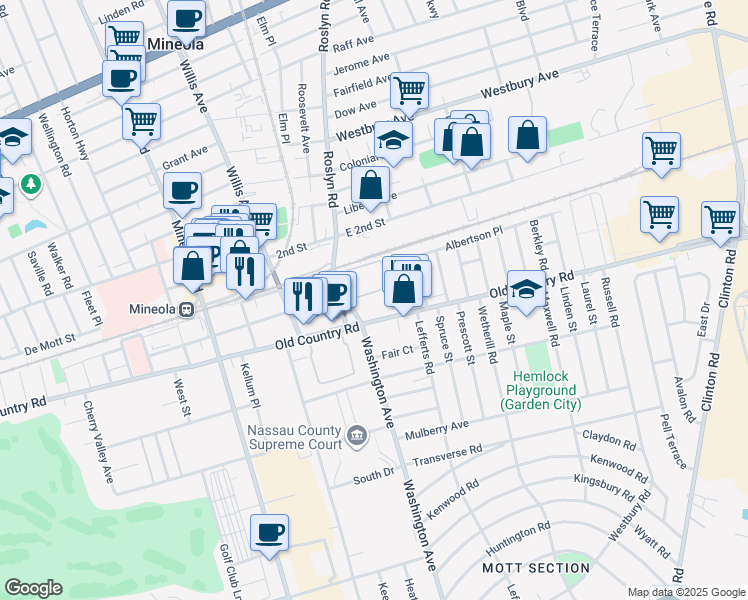 map of restaurants, bars, coffee shops, grocery stores, and more near 39 Geranium Avenue in Mineola
