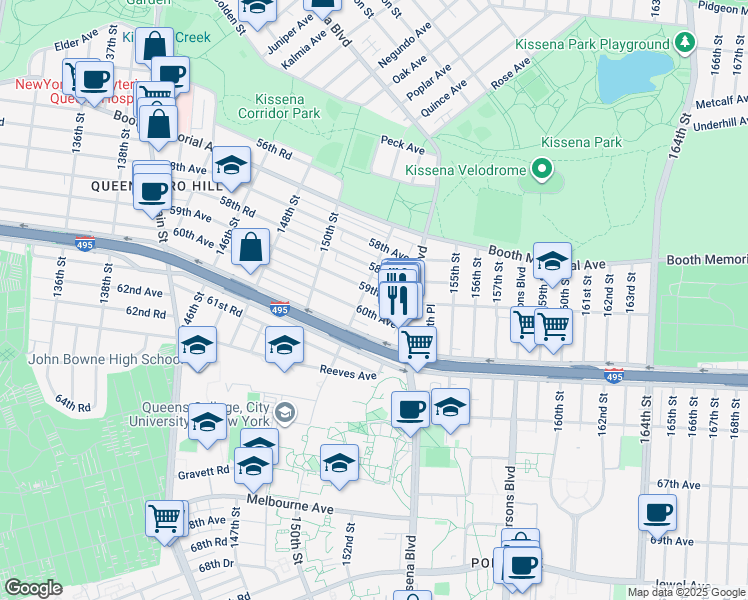 map of restaurants, bars, coffee shops, grocery stores, and more near 153-01 59th Avenue in Queens