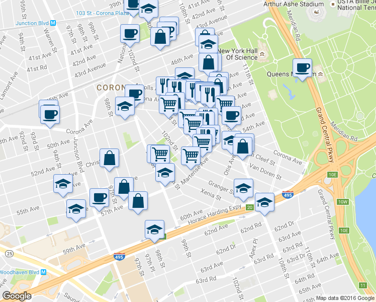map of restaurants, bars, coffee shops, grocery stores, and more near 102-20 Strong Avenue in Queens