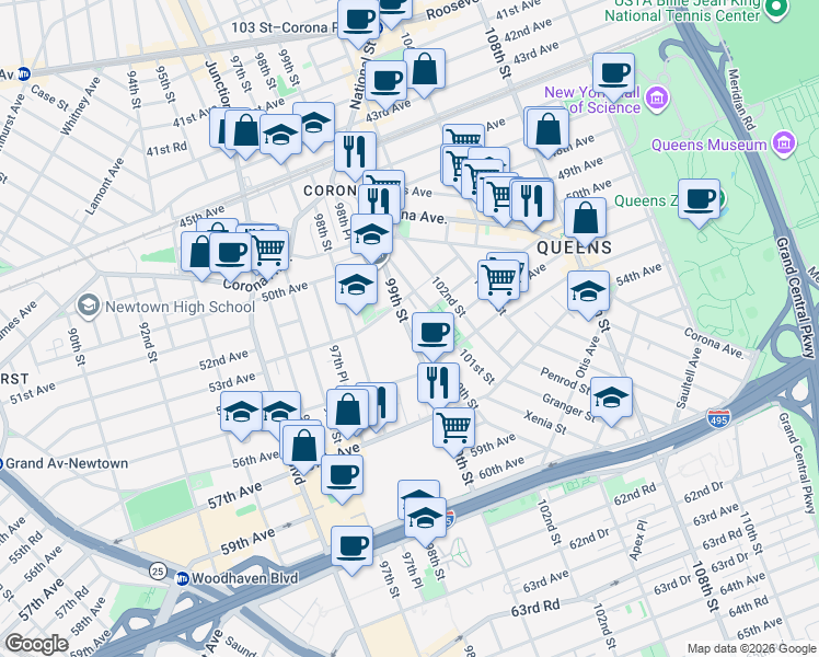 map of restaurants, bars, coffee shops, grocery stores, and more near 9902 Christie Avenue in Queens