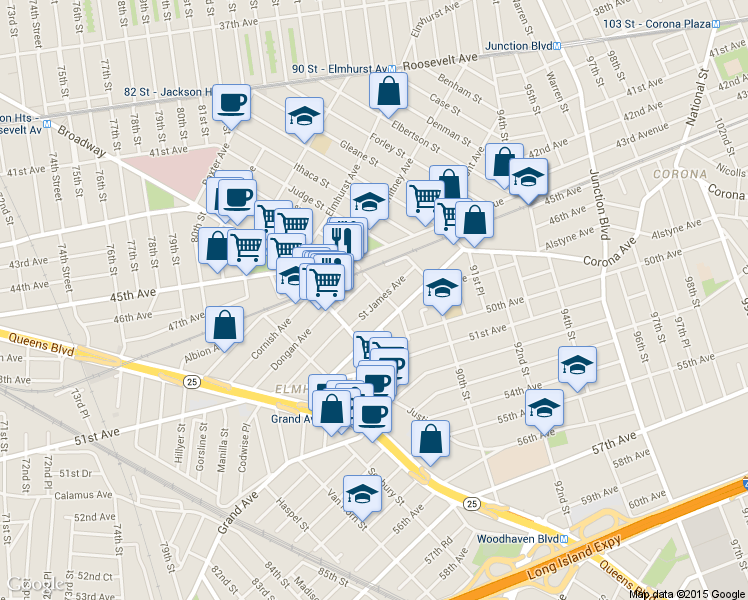 map of restaurants, bars, coffee shops, grocery stores, and more near 46-6 88th Street in Queens