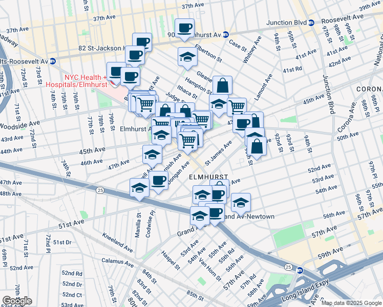 map of restaurants, bars, coffee shops, grocery stores, and more near 85-21 Whitney Avenue in Queens