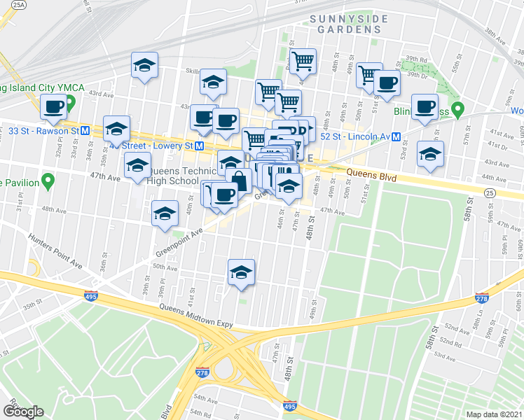 map of restaurants, bars, coffee shops, grocery stores, and more near 44-22 Greenpoint Avenue in Queens