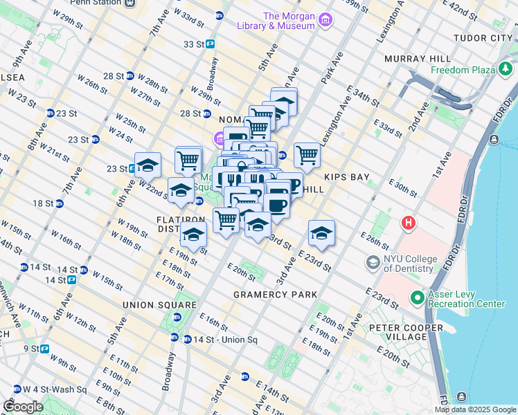 map of restaurants, bars, coffee shops, grocery stores, and more near 340 Park Avenue South in New York