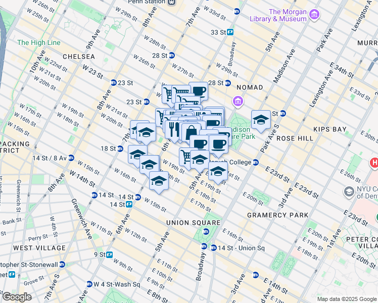 map of restaurants, bars, coffee shops, grocery stores, and more near 32 West 22nd Street in New York