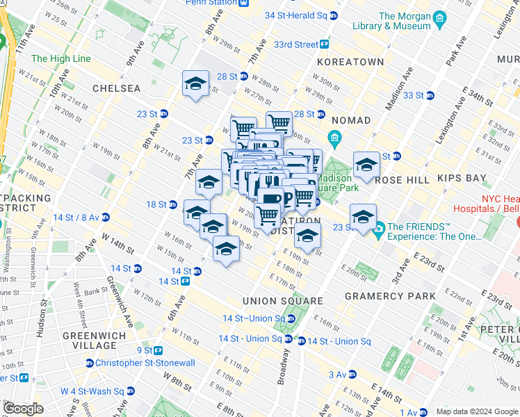 map of restaurants, bars, coffee shops, grocery stores, and more near 25 West 21st Street in New York