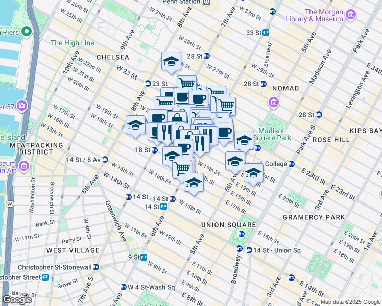 map of restaurants, bars, coffee shops, grocery stores, and more near 121A West 20th Street in New York