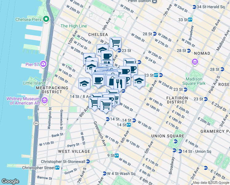 map of restaurants, bars, coffee shops, grocery stores, and more near in New York