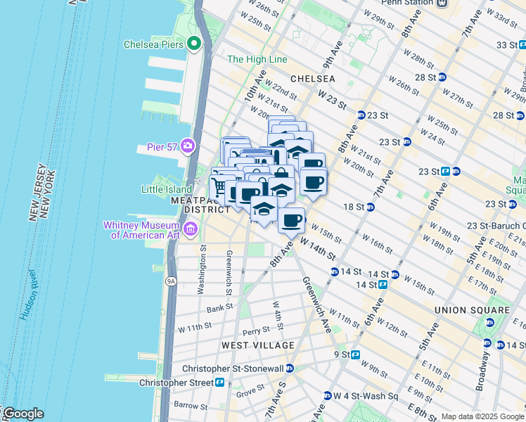 map of restaurants, bars, coffee shops, grocery stores, and more near 359 West 15th Street in New York
