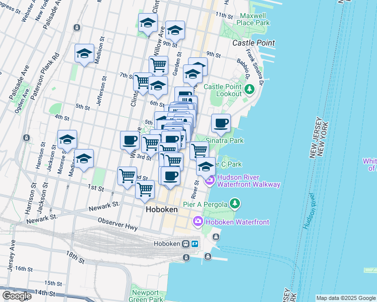 map of restaurants, bars, coffee shops, grocery stores, and more near 407 Washington Street in Hoboken