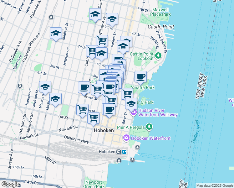 map of restaurants, bars, coffee shops, grocery stores, and more near 407 Washington Street in Hoboken