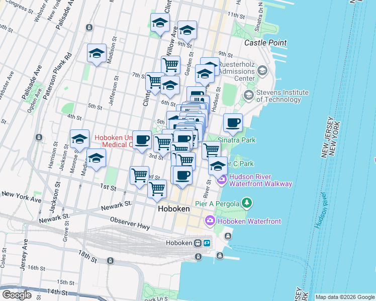map of restaurants, bars, coffee shops, grocery stores, and more near 407 Washington Street in Hoboken