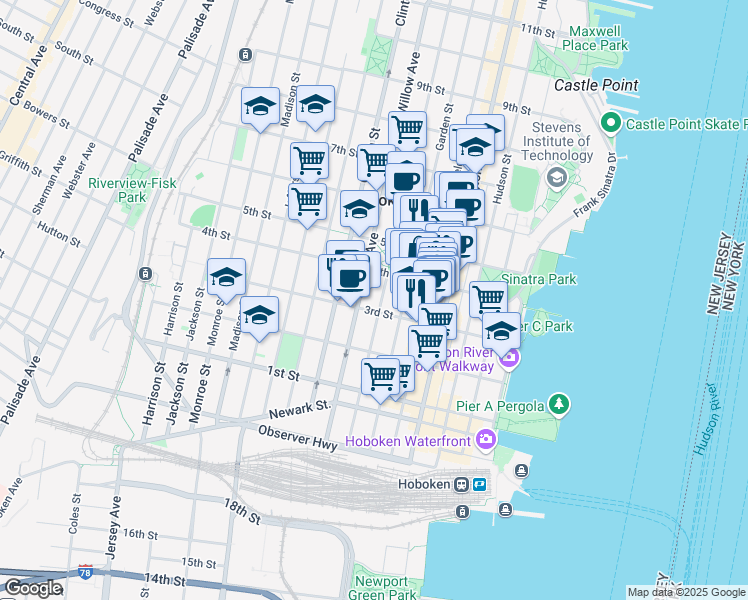 map of restaurants, bars, coffee shops, grocery stores, and more near 336 Park Avenue in Hoboken