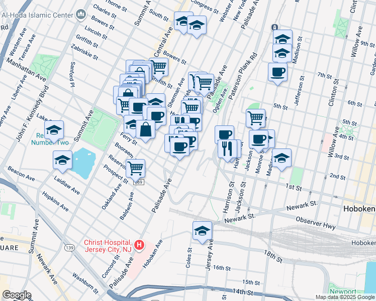 map of restaurants, bars, coffee shops, grocery stores, and more near 398 Palisade Avenue in Jersey City