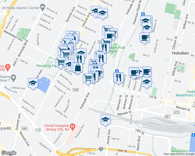 map of restaurants, bars, coffee shops, grocery stores, and more near 398 Palisade Avenue in Jersey City