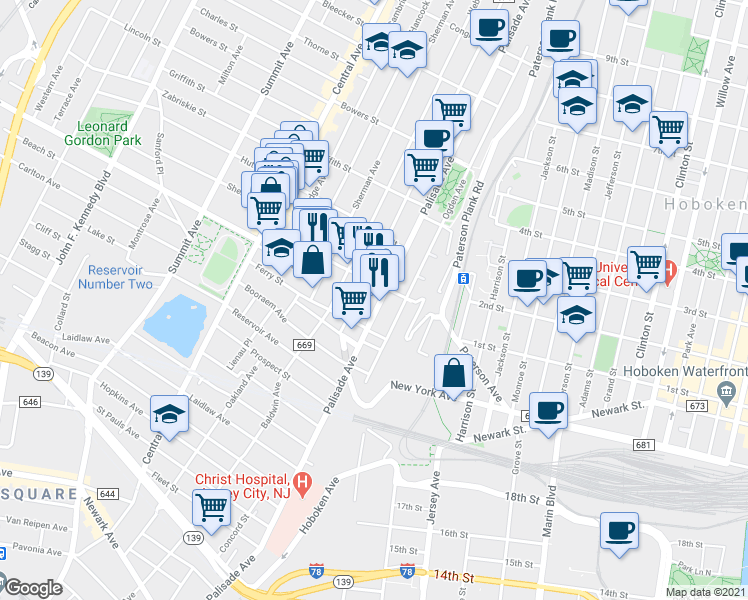 map of restaurants, bars, coffee shops, grocery stores, and more near 398 Palisade Avenue in Jersey City