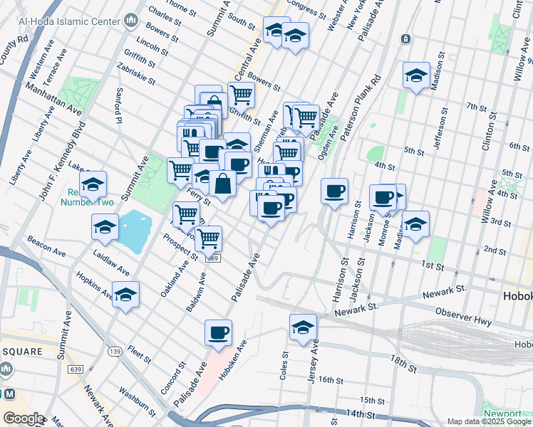 map of restaurants, bars, coffee shops, grocery stores, and more near 63 Franklin Street in Jersey City