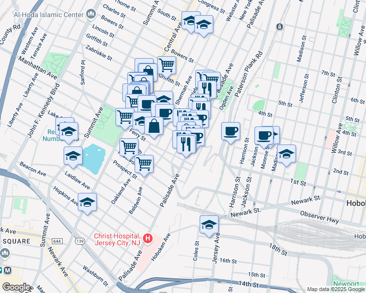 map of restaurants, bars, coffee shops, grocery stores, and more near 63 Franklin Street in Jersey City