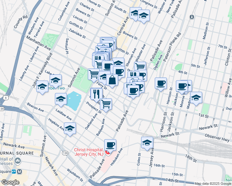 map of restaurants, bars, coffee shops, grocery stores, and more near 19 Sherman Avenue in Jersey City