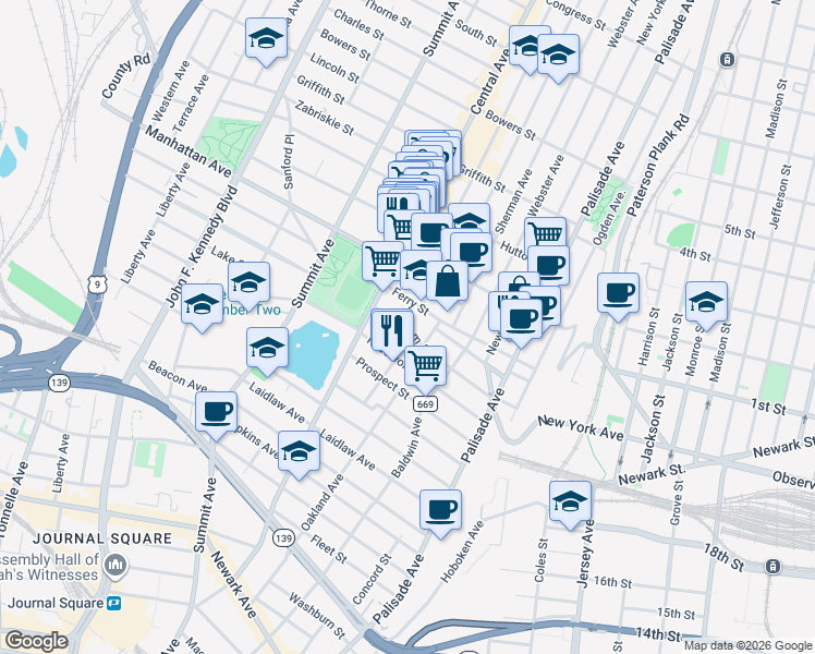map of restaurants, bars, coffee shops, grocery stores, and more near 100 Ferry Street in Jersey City