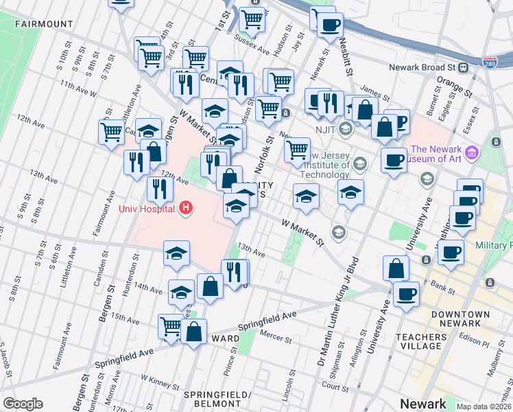 map of restaurants, bars, coffee shops, grocery stores, and more near in Newark