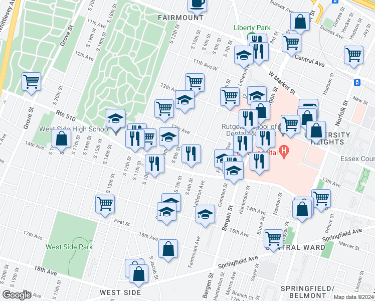 map of restaurants, bars, coffee shops, grocery stores, and more near 223 South 7th Street in Newark