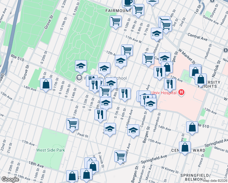 map of restaurants, bars, coffee shops, grocery stores, and more near 292 South 9th Street in Newark