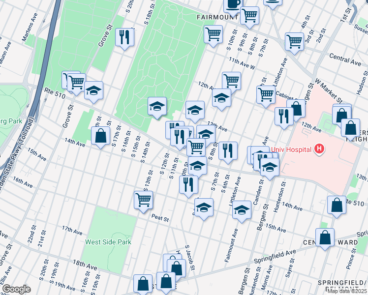 map of restaurants, bars, coffee shops, grocery stores, and more near 329 South 10th Street in Newark