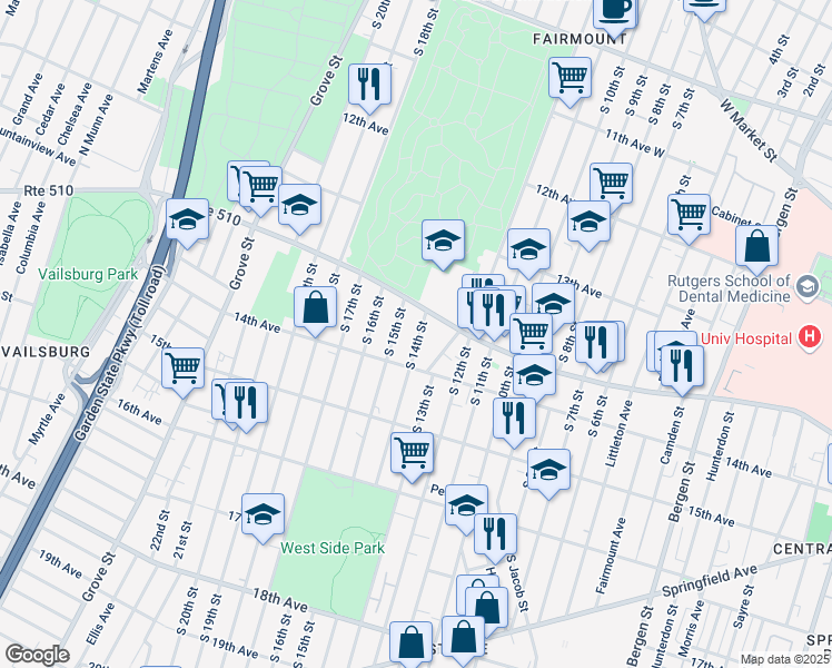 map of restaurants, bars, coffee shops, grocery stores, and more near 398 South 15th Street in Newark