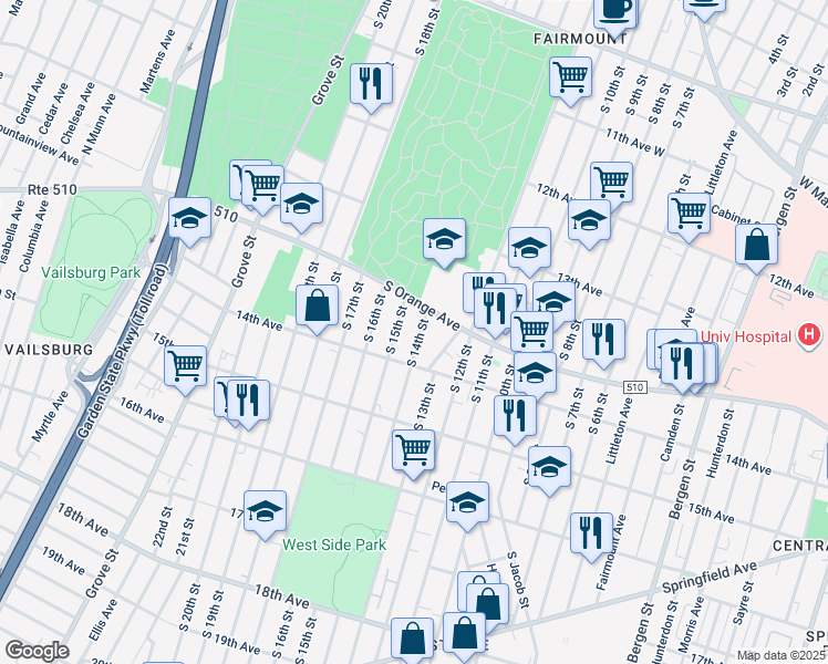 map of restaurants, bars, coffee shops, grocery stores, and more near 398-400 15th Avenue in Newark