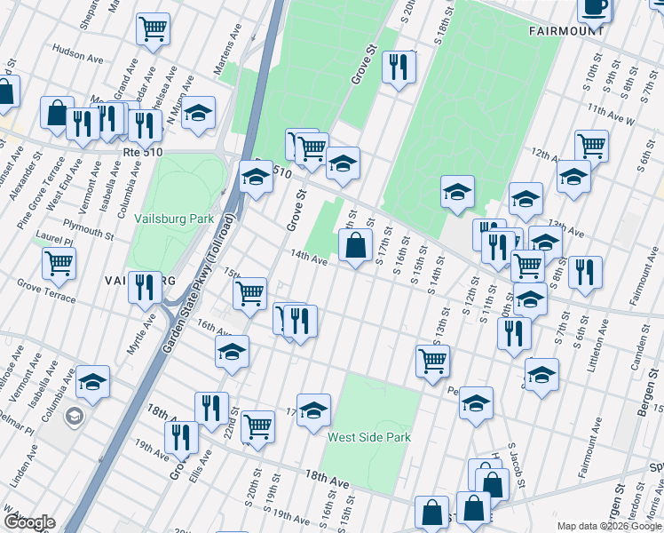 map of restaurants, bars, coffee shops, grocery stores, and more near in Irvington