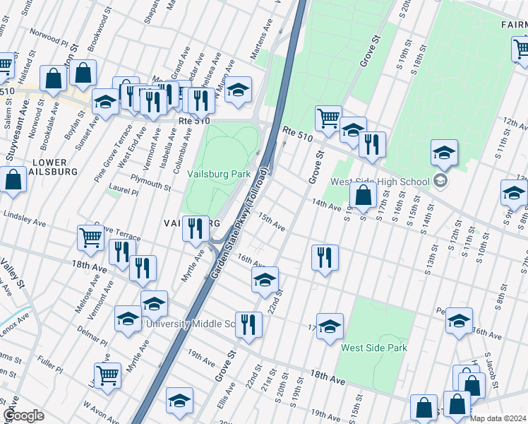map of restaurants, bars, coffee shops, grocery stores, and more near 67 Oak Avenue in Irvington