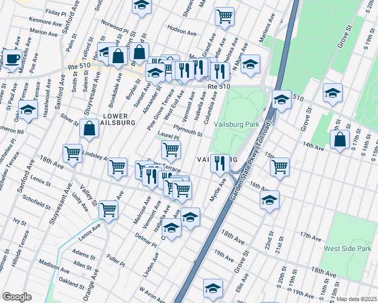 map of restaurants, bars, coffee shops, grocery stores, and more near 105 Isabella Avenue in Newark