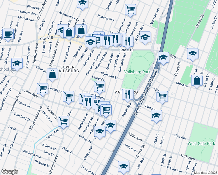 map of restaurants, bars, coffee shops, grocery stores, and more near 105 Isabella Avenue in Newark