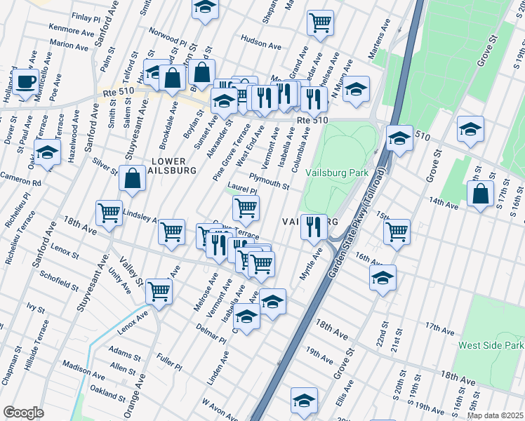 map of restaurants, bars, coffee shops, grocery stores, and more near 105 Isabella Avenue in Newark