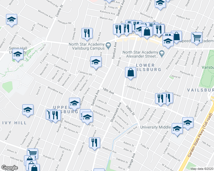map of restaurants, bars, coffee shops, grocery stores, and more near 588 Sanford Avenue in Newark