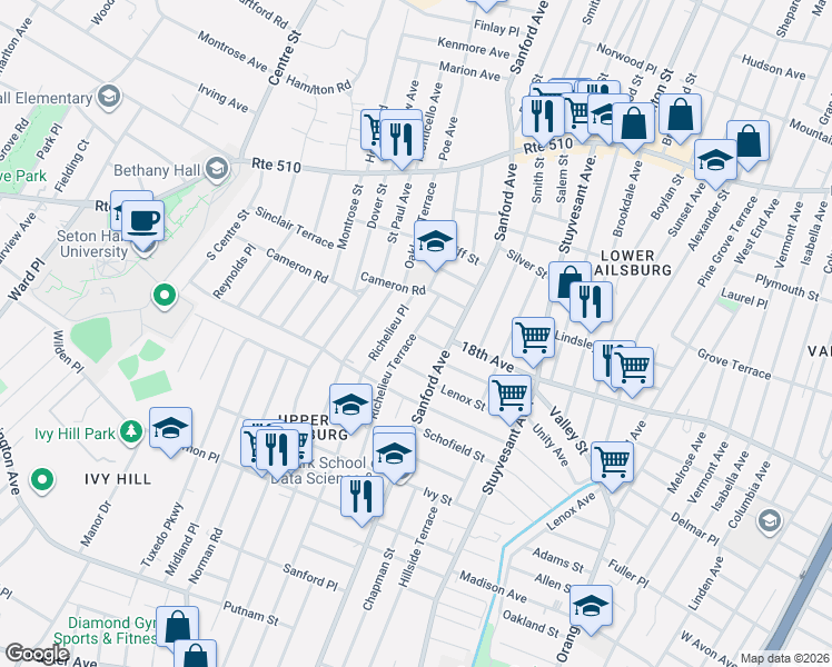 map of restaurants, bars, coffee shops, grocery stores, and more near 116 Richelieu Terrace in Newark