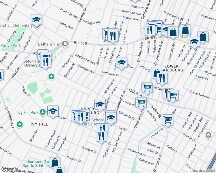 map of restaurants, bars, coffee shops, grocery stores, and more near 21 Richelieu Place in Newark