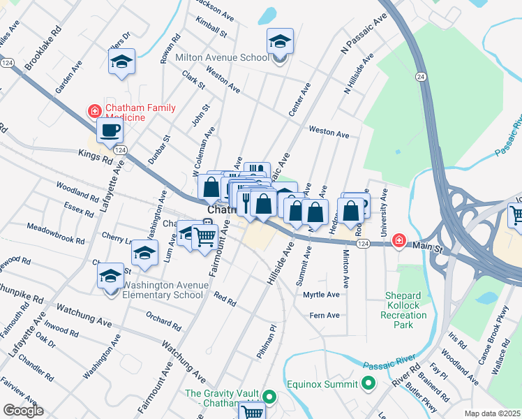 map of restaurants, bars, coffee shops, grocery stores, and more near 23 North Passaic Avenue in Chatham