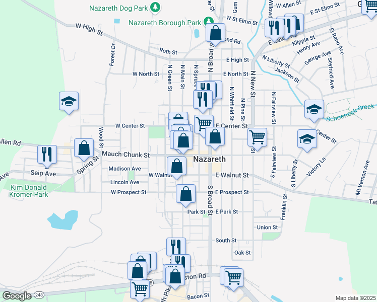 map of restaurants, bars, coffee shops, grocery stores, and more near 36 South Main Street in Nazareth