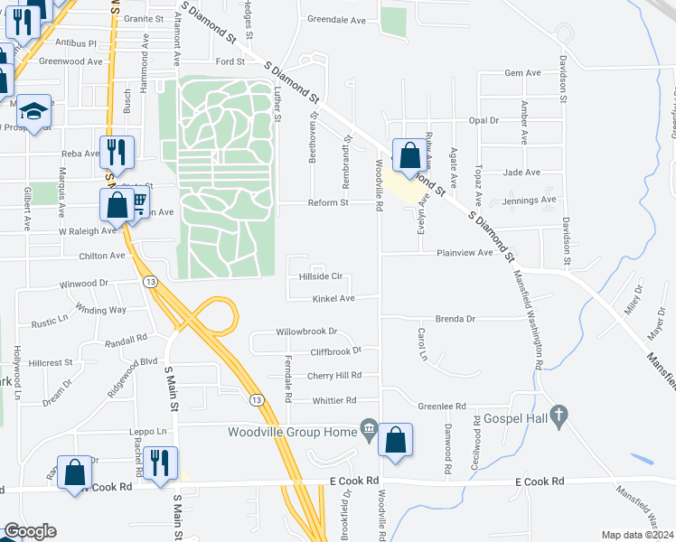 map of restaurants, bars, coffee shops, grocery stores, and more near 285 Joy Road in Mansfield