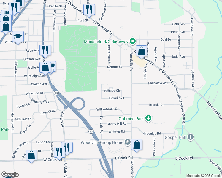map of restaurants, bars, coffee shops, grocery stores, and more near 285 Joy Road in Mansfield