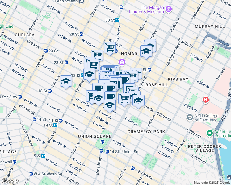 map of restaurants, bars, coffee shops, grocery stores, and more near 5 East 22nd Street in New York
