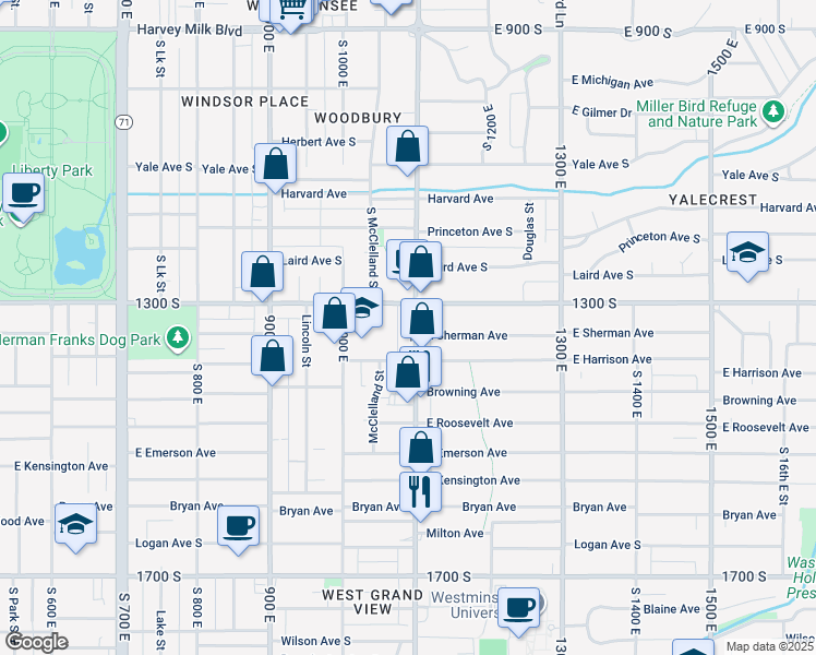 map of restaurants, bars, coffee shops, grocery stores, and more near 1330 S 1100 E in Salt Lake City