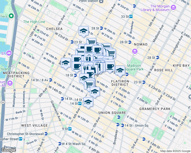 map of restaurants, bars, coffee shops, grocery stores, and more near 635 6th Avenue in New York